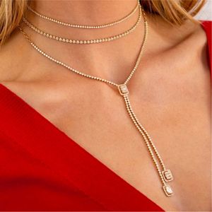 New arrived 2mm cz tennis chain necklace with heart square pendant gold plated y shape statement punk style jewelry for women lady fash 240O