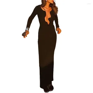Casual Dresses 2024 Women's Sexy V Neck Black Tight Maxi Dress Elegant Female Long Sleeve Autumn Evening Club Party