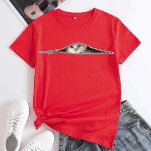 女性用Tシャツ100％コットンプラスサイズキャットプリントパターンラウンドネック半袖女性TシャツトップグラフィックTシャツ衣料品特大Tシャツ2405