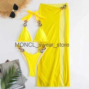 Swimwear femminile giallo sexy strass bikini 2024 femminile da bagno femminile nuoto in costume da bagno brasiliano set da spiaggia brasiliano Bather H240507