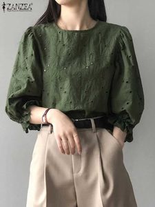 قمصان البلوزات النسائية 2024 Zanzea Women Fashion 3/4 Sle Ruffles Shirt Solid Hollow Out Blusas Ol Work Tops Tunic Elect Elegant Floral Blouse D240507