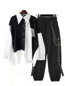 Mulheres Streetwear Terno de duas peças Corrente de emenda Longa Cadeia de SleeveriBbon Pants Harajuku Cargo Pants 2 Peças Roupfits 240506