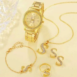 Women's Watches Luxury Gold Womens S Letter Design Ring Necklace Earrings Fashion Wrist Female Casual Ladies Steel Bracelet Set Clock