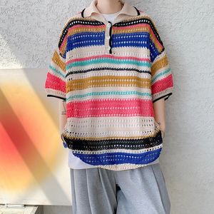 2024 الصيف غير الرسمي قصير الأكمام Polos Mens قميص أزياء متبكية مخططة الترقيم التراجع عن Tops Blouse 240418