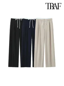 Calça feminina -Cantura de cintura dupla da lareira das mulheres na perna larga Cintura elástica alta com as bolsos laterais de cordão da moda feminina