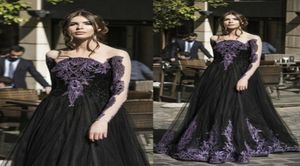 ゴージャスな黒と紫色のレースアップリケドウエディングドレス2016シアーネックイリュージョン長い袖のイブニングガウンフロアレングスフォルマ3007381