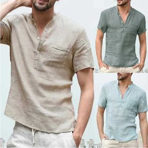 メンズカジュアルシャツ新しい夏のコットンリネン半袖メンズTシャツのボタンとセミオープンシンプルな短袖シャツ。L2405