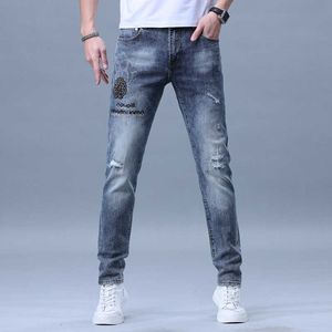 Spring/summer 2024 Jeans Mens Trendy Brand Handsome Casual Heavy Industry Diamond Printed Slim Fit Small Feet Pants