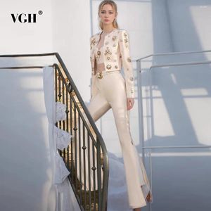 Women's Two Piece Pants VGH Solid Sets For Women Round Neck Long Sleeve Spliced Diamonds Coats High Waist Flare Slimming Set Female