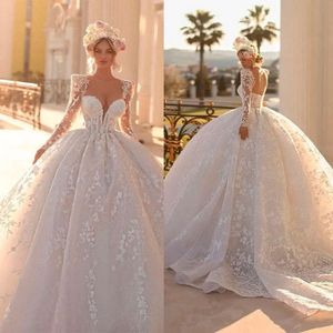 Dresse Ball Gown Sleeve Wedding Gorgeous Long Backless 3D Applique V Neck Floor Length Lace Custom Made Pearl Vestidos De Novia Estidos