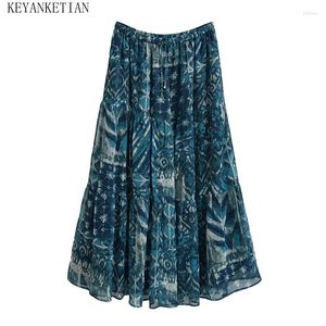 Gonne keyanketian 2024 Lancio Women Wire abbellimento stampato Scala in chiffon in stile etnico allacciata elastica vita a-line midi