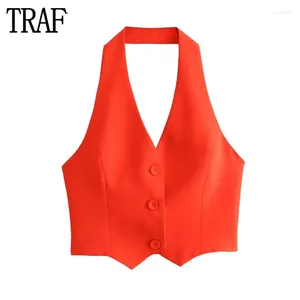 Tanques femininos 2024 Halter Crop Top Women Orange Button Tank Top feminino Tops sem costas para streetwear Off ombro Mulher