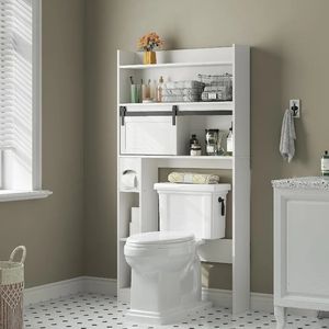 Over The Toilet Storage Cabinet 6Tier Organizer Rack Bathroom Shelf with Sliding Door for Restroom 240418