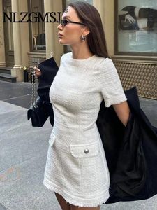Sukienki imprezowe nlZgmsj 2024 Kobiety białe frędzle dopasowana krótka sukienka Elegancka rękaw Slim Mini Office Pockets
