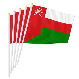 Tillbehör Pterosaur 14*21cm Oman Hand Flag, Oman Omani National Flag World länder Dekor gåvor Små handhållen viftande flagga, 50/100 st