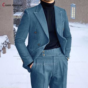 Erkek Suit Blazers Erkek eğlence aktiviteleri için en son denim kumaş seti şık giyim ve günlük ceket pantolonlar erkek Q240507