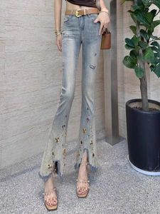 Kvinnors jeans utsökta broderade TASSELED Kvinnor byxor 2024 Sommar Retro bomullssträngsklockor Pants High Street