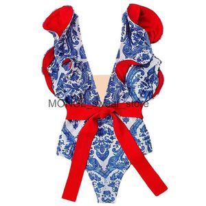 Damskie wzburzenie strojów kąpielowych z telft Blue Seksowna One Piece Swimsuit Sumning Summer Swiming Suit 2022 Luksusowe spodenki Bourkini Boho Print Swim H240507