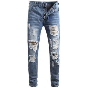 Mäns jeans män jeans europeiska och amerikanska trendiga manliga denim pannar traight tiggare slitna hål nostalgiska strt personlighet byxor y240507