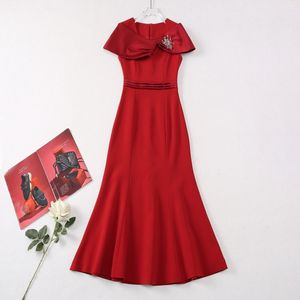 Summer Red Solid Color Beaded Mermaid Dress Cap Sleeve Round Neck Rhinestone Midi Casual Dresses S4A250412