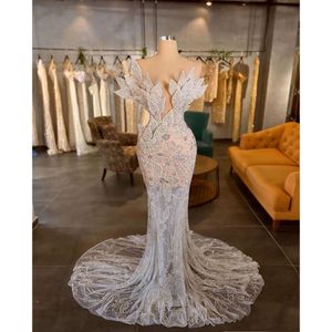 New Arrival Mermaid Evening Dresses V Neck Sleeveless 3D Lace Leaves Hollow Ruffles Sequins Appliques Beaded Sexy Celebrity Prom Dress Plus Size Tailored 0431