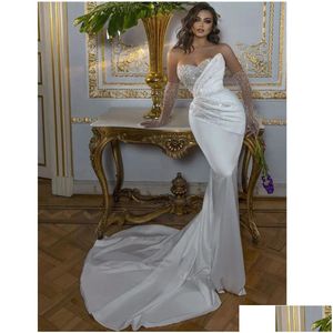 Vestidos de sereia vestido de cetim de luxo com trem destacável árabe encantador noiva e mangas de cristal capela de pisada de cristal de mangueira