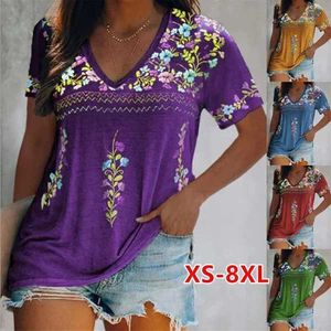 Koszulka damska seksowna boho v szyja patchwork bluzka 2022 Summer Kobiety krótkie sanki luźne swobodne styl etniczny T-shirt pullover xs-8xl D240507