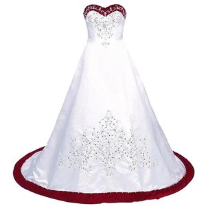 Biała i ciemnoczerwona suknia ślubna haftu A-line 2024 Train Train Sweetheart Bezpośrednio długa satynowa suknie ślubne z powrotem koronkowe sukienki na pannę młodą w rozmiarze rozmiar