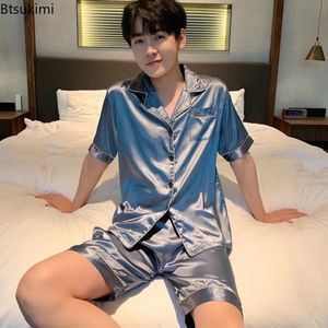 2024 MENS CASUAL Sleepwear Set Silk Satin Pyjamas Pants Set Button-Down Pyjamas Suit Pijama Male Loungewear Plus Size PJ Set 240428