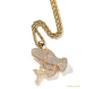 Iced Out CZ Diamond Prayer Hands Pendant Necklace Gold Sier Plated with Tennis Chain Vintage Hip Hop Jewelry Gift