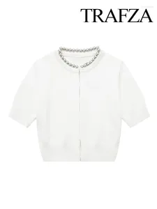 Kvinnors stickor Trafza Spring Fashion Sweater Tops White O-Neck korta ärmar Pärlor Dekorera enbröd kvinnliga chic cardigans