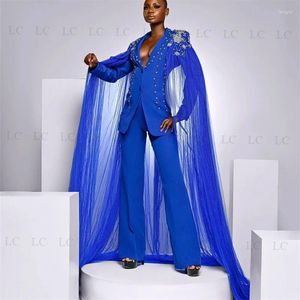 Kvinnors tvåbitar byxor Cape Lace Costume Homme Women Suits Fashion Sequin2 Pieces Blazer Prom Beading Diamonds Pearls Peaked Lapel Slim
