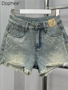 Frauen Jeans Retro dünne Strass-Denim-Shorts Frauen Sommerfrau hohe Taille Lose Schlampe Rough-Kanten mit kurzen Hose mit weitem Bein