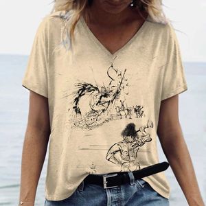 여자 티셔츠 여자 대형 T 셔츠 v- 넥 짧은 슬레스 티셔츠 3D 프린트 단순 의류 야외 거짓말 휴지 의류 여름 풀버 D240507