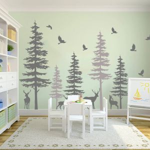 Stickers Large Pine Tree Deer Animal Wall Sticker Office Dorm Room Jungle Forest Deer Tree Birds Wall Decal Bedroom Nursery Vinyl Decor