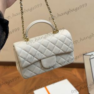 5 färger Top Real Leather Hand Totes Calfskin Square quiltade väskor Klassiska mini Flap Purse Gold Chain Crossbody Caviar Leather Handväskor Lyxväska 20 cm för kvinnor