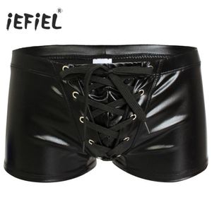 iEFiEL Sexy Men Patent Leather Gay Pants Latex Mens Swimwear Boxers Shorts Drawstring Trunk Wetlook Swimsuit Lingerie Underwear 240506