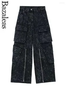 Calça feminina 2024 lojas woman streetwear bolsos de zíper y2k cargo jeans desbotado no meio da cintura oficial