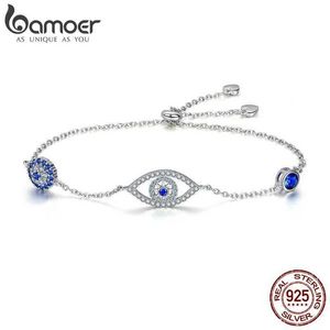 Bangle Bamoer% 925 Sterling Silver Blue Zircon Evil Eye Guardian Chain Womens Gift Exquisite Jewelry SCB089 Q240506