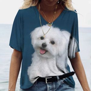 Kadın T-Shirt Sıcak Satış Kadın Tişörtleri 2023 3D baskılı evcil köpek yaz moda kısa kollu üst v yaka saf pamuk sokak giyim harajuku gündelik zipperl2405