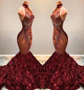 2022 Stunning African Mermaid Prom Dresses Burgundy Long High Neck Beading Crystal Ruffles Flowers Women Sexy Pageant Party Gowns 8391703