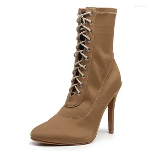 Sapatos de dança Woman Brown Girls Heels High Boots Suede Salsa Jazz Latin Dancing 7.5-11cm