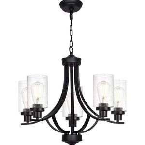 MELUCEE 5-Light Black Farmhouse Chandelier with Seeded Glass Shades - Classic Ceiling Light Fixture for Dining Room, Bedroom, Foyer