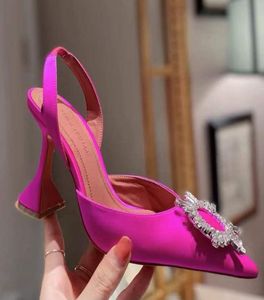 Amina Muaddi Womens Sandals кожа подошва дизайнерские высокие каблуки 10 см. Чернозоно -розовая бриллиантовая декора