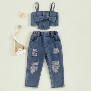 Одежда поставлен детские девочки летние наряды Bowknot Denim Cami Tops и рваные брюки Джинсы 2 куски установлены на 1-6 лет