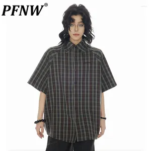 Men's Casual Shirts PFNW Short Sleeve Plaid Vintage Niche Design Raglan Male Tops Stylish 2024 Spring Summer 28W3089