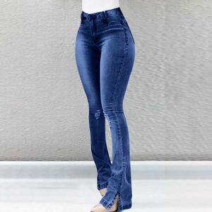 Женские брюки Capris Модные женские брюки растягивающиеся щели с высокой талией джинсы Негабаритная стрельба мешковатые джинсы ретро базовые брюки Y240504