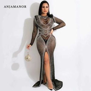 الحضرية مثير الثياب anjamanor crystal شبكة طويلة أنيقة السهرة للمرأة اللمعان اللمعان الأسود شفاف الجسد فستان شق d42-he40 t240507