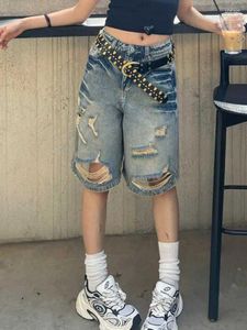 Frauen Jeans Frau Gradientenfarbe Shorts Schlanker Jeans Low Taille Denim Knielänge mit Gürtel gerissen Loch Streetwear Design Vintage Gyaru