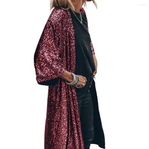 レディースジャケットコートケープジャケット3/4スリーブオープンステッチルースフィットカーディガン女性光沢のあるスパンコ